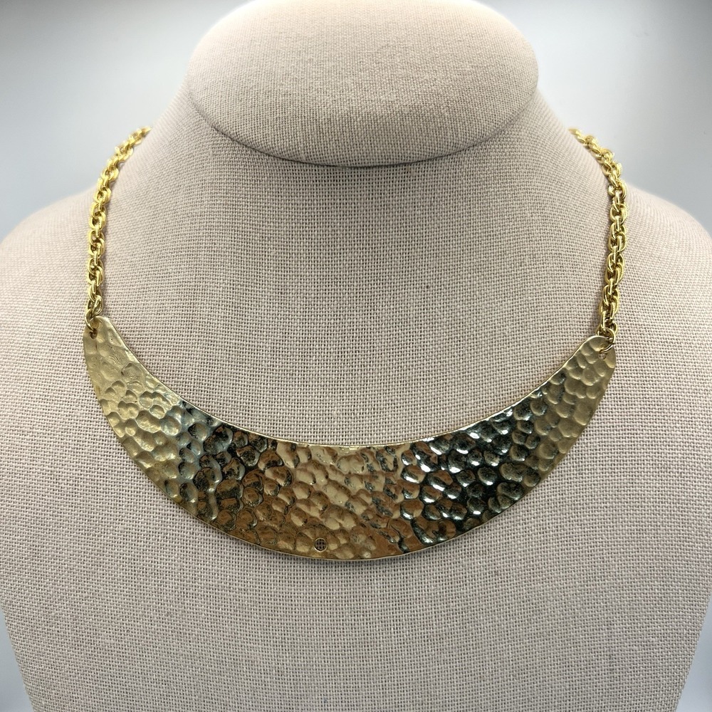 Vintage Tortolani Signed Hammered Gold Tone Crescent Statement‎ Necklace Bib